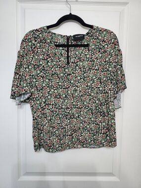 The Kooples Black Floral V-Neck Blouse with Pink & Green Print